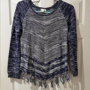 Mudd Navy and White Fringe Chevron Knit Sweater